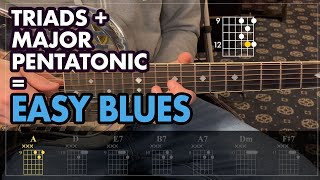Mix triads & 1 major pentatonic shape to play an EASY blues composition in any key - Guitar Tutorial